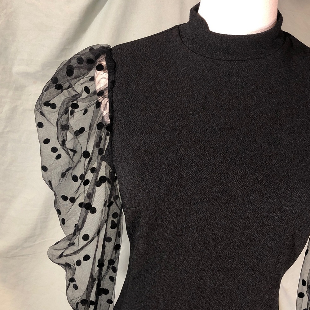 Prom Black Dress with Sheer Polka Dot Mesh Sleeves Size Small - Picture 4 of 16